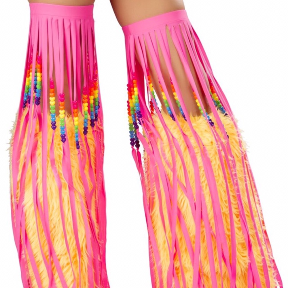 RAVE BEADED FRINGE LEG WARMERS PINK RAINBOW BEADS